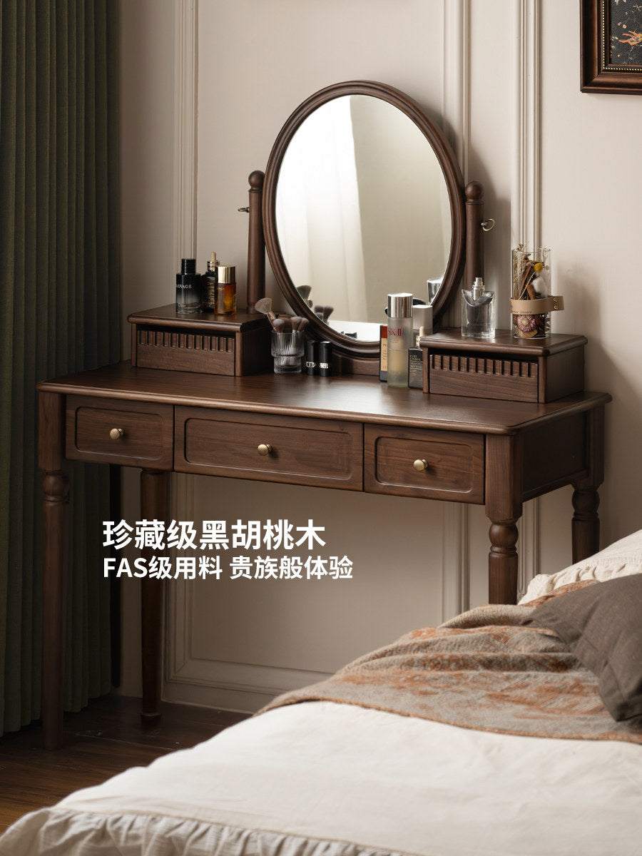 【预售35天】实木梳妆台黑胡桃木化妆桌带镜一体美式复古卧室化妆台